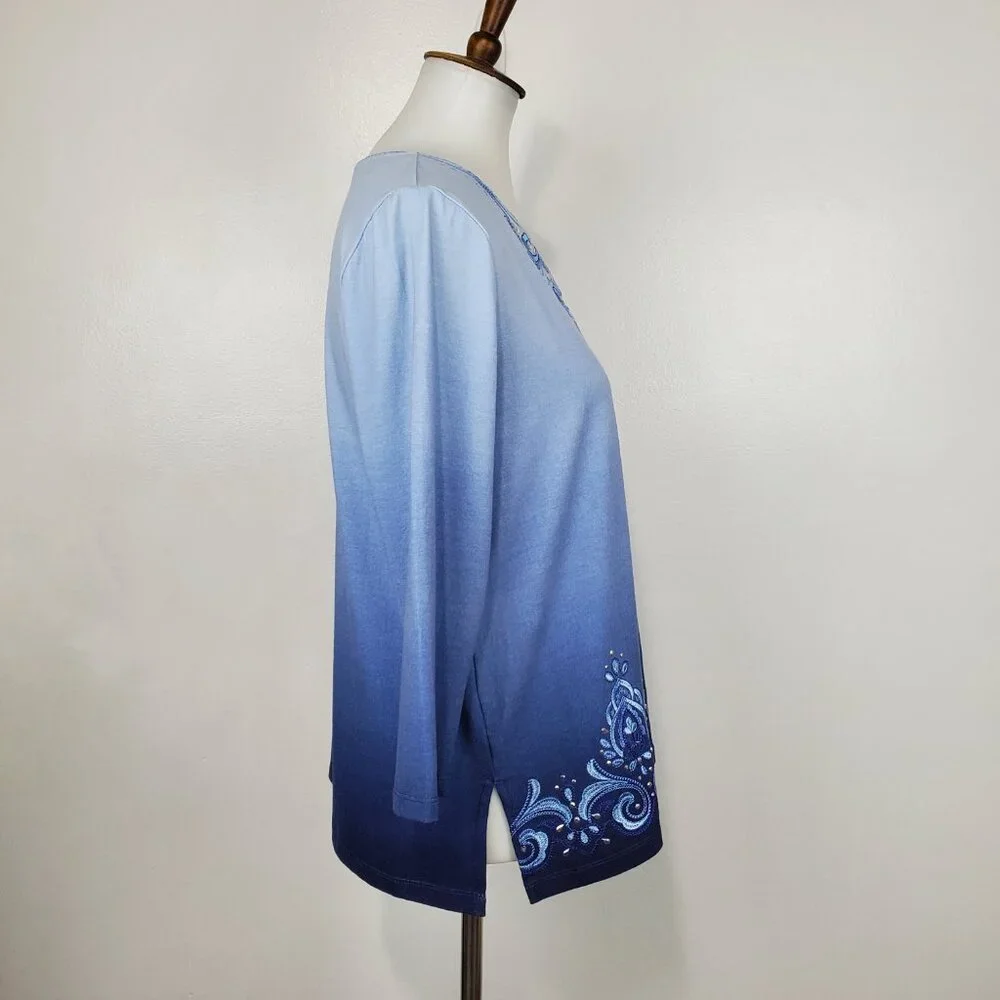 Alfred Dunner Blue Ombre Embroidered Embellished Knit Top NEW NWT Size S - Picture 6 of 14